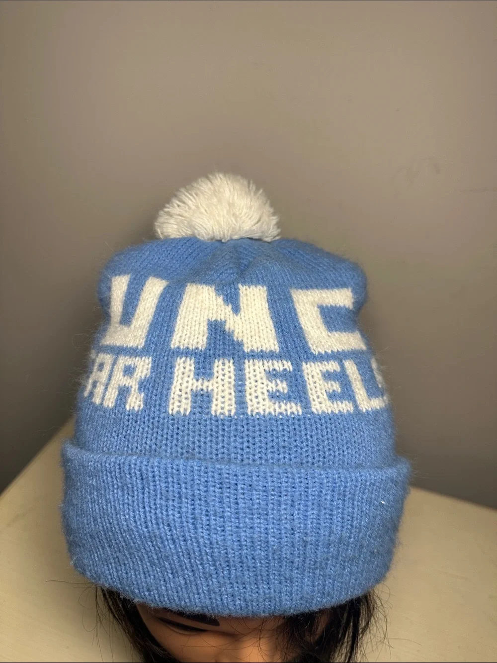 UNC Light Blue & White vintage Pom Pom  Beanie